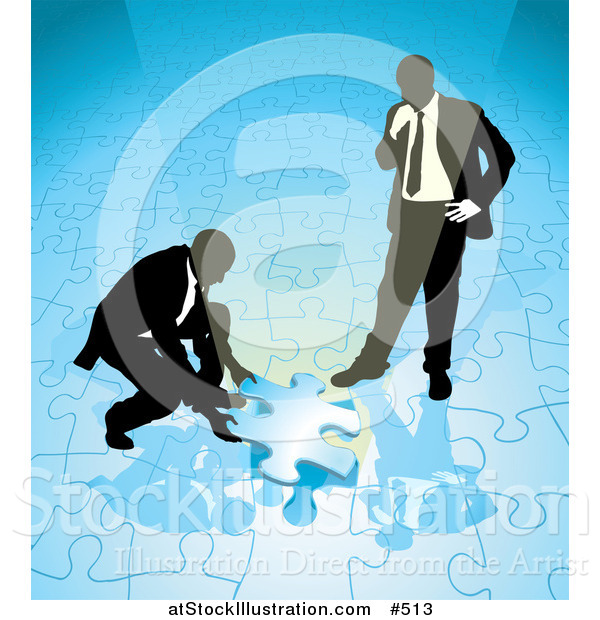 Vector Illustration of Two Businessmen Completing a Blue Jigsaw Puzzle Together