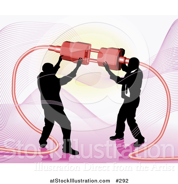 Vector Illustration of Two Businessmen Working Together to Connect a Plug and Socket over Pink