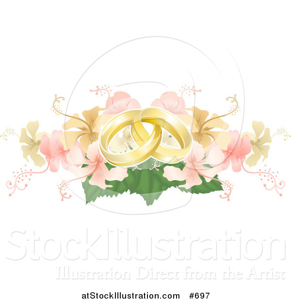 Vector Illustration of Two Entwined Golden Wedding Rings on a Yellow and Pink Hibiscus Bouquet