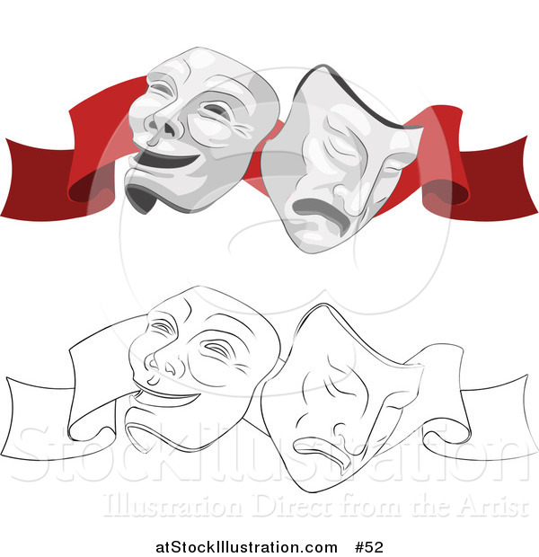 Vector Illustration of Two Face Masks, One Happy and One Sad, on a Red Ribbon for a Theater