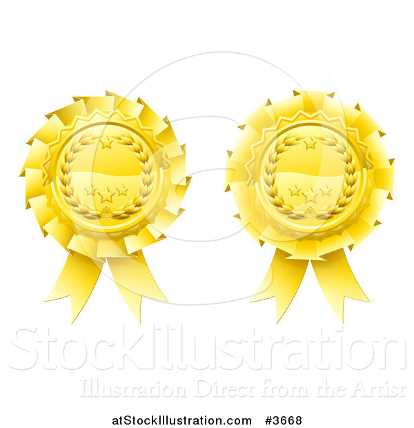 Vector Illustration of Two Golden Laurel Wreath and Star Rosette Award Ribbons