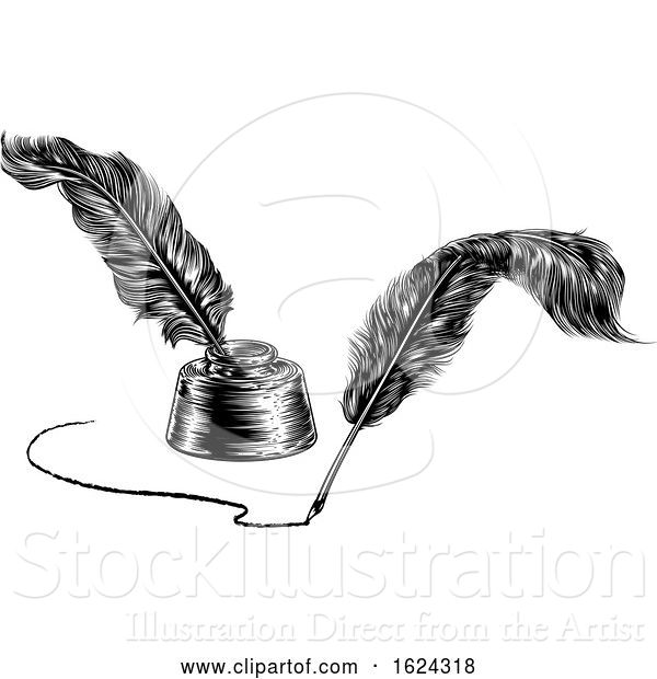 Vector Illustration of Two Quill Feather Pens and Inkwell