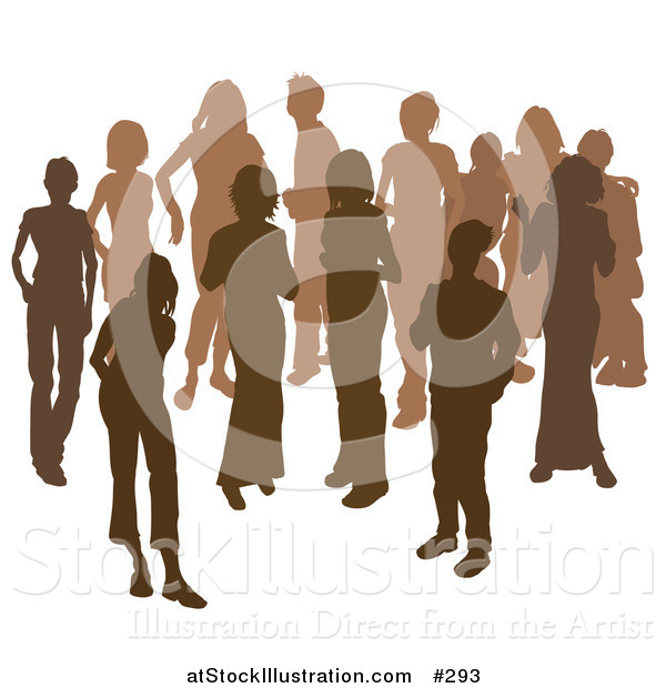 Vector Illustration of Two Women Chatting Among a Crowd of Silhouetted Brown People