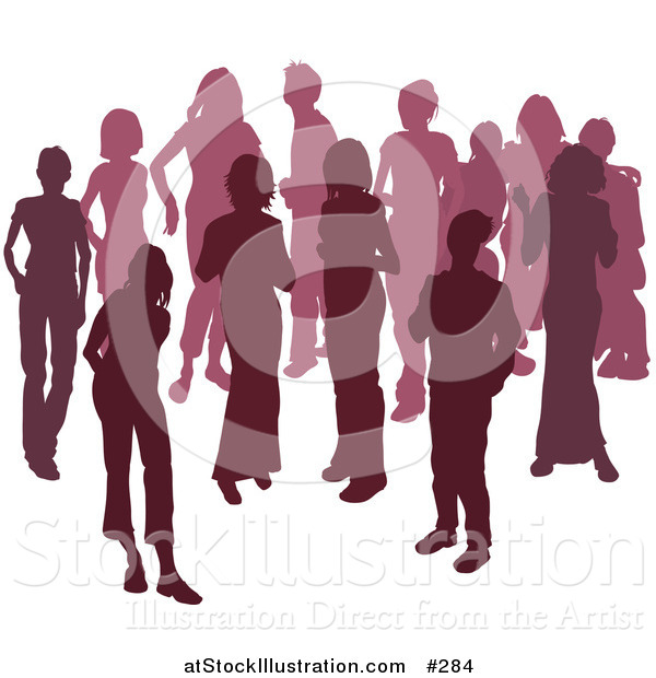 Vector Illustration of Two Women Chatting Among a Crowd of Silhouetted Purple People