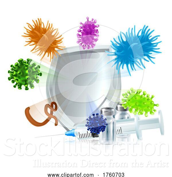 Vector Illustration of Vaccination Medicine Syringe Virus Medical Shield
