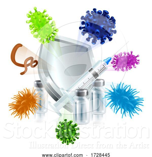 Vector Illustration of Vaccine Medical Syringe Vial Virus Shield Concept