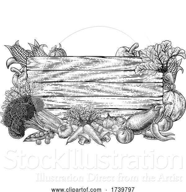Vector Illustration of Vegetable Fresh Garden Produce Border Woodcut Sign