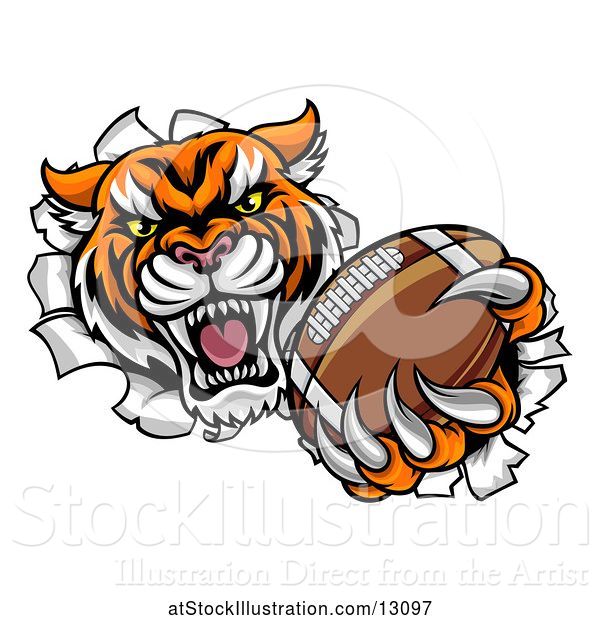 Vector Illustration of Vicious Tiger Mascot Breaking Through a Wall with a Football