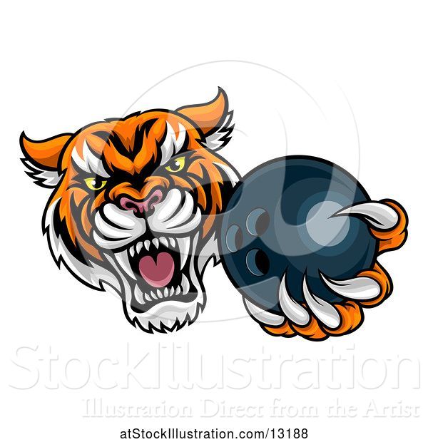 Vector Illustration of Vicious Tiger Sports Mascot Grabbing a Bowling Ball
