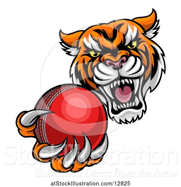 Vector Illustration of Vicious Tiger Sports Mascot Grabbing a Cricket Ball