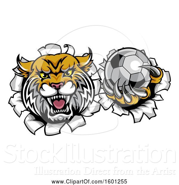 Vector Illustration of Vicious Wildcat Mascot Breaking Through a Wall with a Soccer Ball