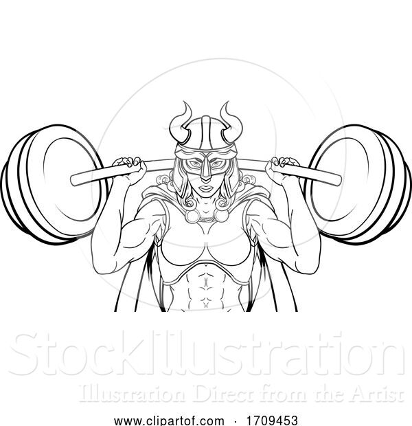 Vector Illustration of Viking Warrior Lady Weightlifter Lifting Barbell