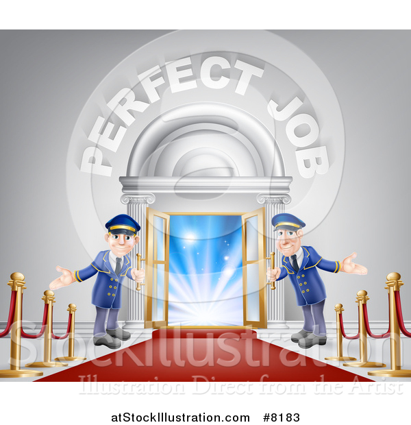 Vector Illustration of Welcoming Door Men at an Entry with a Red Carpet and Posts Under Perfect Job Text