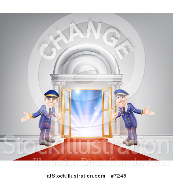 Vector Illustration of Welcoming Door Men at an Entry with a Red Carpet Under Change Text
