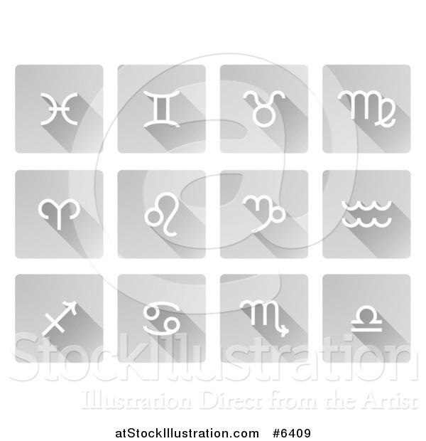 Vector Illustration of White Astrology Horoscope Symbol Icons on Flat Design Gray Tiles with Shadows