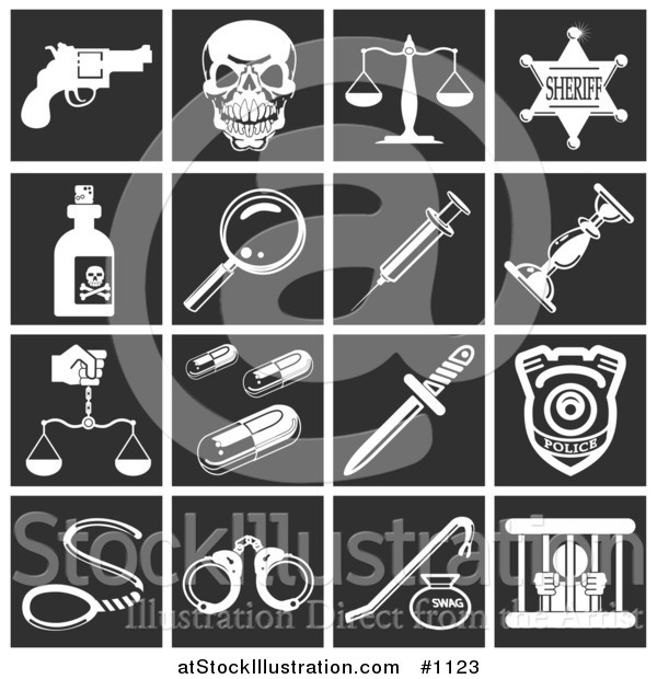Vector Illustration of White Crime Icons over a Black Background, Including a Pistil, Skull, Scales, Sheriff Badge, Poison, Magnifying Glass, Needle, Candlestick, Pills, Knife, Police Badge, Handcuffs, and Prisoner