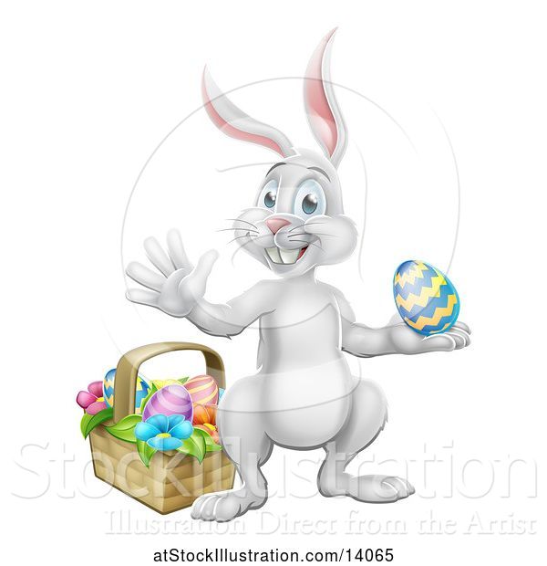 Vector Illustration of White Easter Bunny Rabbit Holding an Egg by a Basket