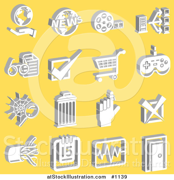 Vector Illustration of White Hand and Globe, News, Film Reel, Connectivity, Check, Shopping Cart, Video Game Controller, Reminder, Cables, Calendar, Charts, and Door Icons over a Yellow Background