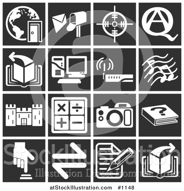 Vector Illustration of White Icons over a Black Background, Including a Doorway and Globe, Mailbox, Target, Question and Answer, Book, Computer, Wireless Router, Music Notes, Castle, Math Signs, Camera, Book, Button, and a Letter