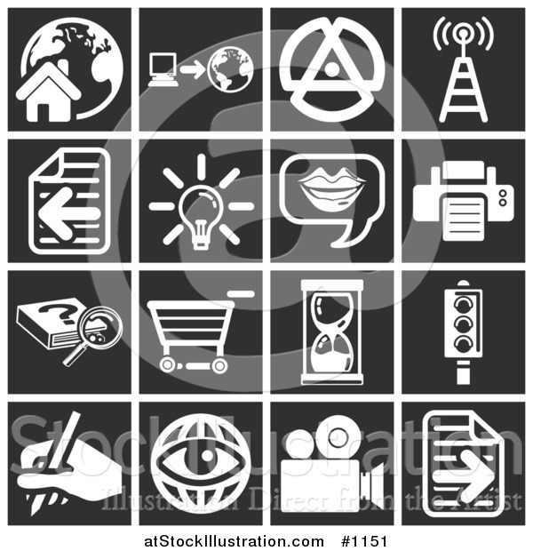 Vector Illustration of White Icons over a Black Background, Including a House, Computer and Globe, Signals Tower, Letter, Lightbulb, Messenger, Printer, Research, Shopping Cart, Hourglass, Stop Light, Writing, Eyeball, and a Video Camera