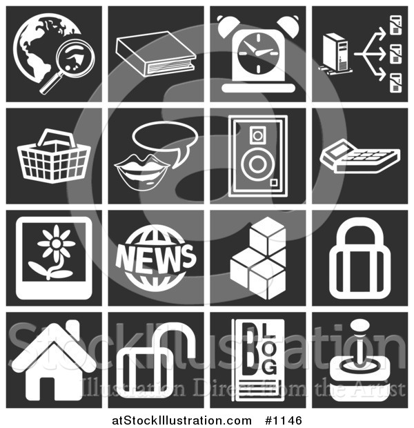 Vector Illustration of White Icons over a Black Background, Including a Magnifying Glass and Globe, Book, Alarm Clock, Computer, Basket, Messenger, Speaker, Calculator, Flower Picture, News, Cubes, Padlock, House, Blog and Joystick