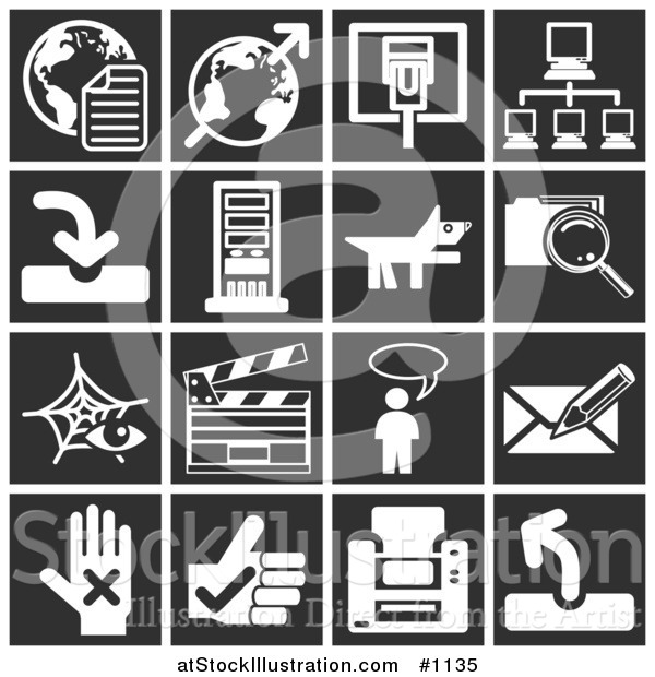 Vector Illustration of White Icons over a Black Background, Including Globes, Communications, Computers, a Dog, Files, Clapboard, Messenger, and a Letter