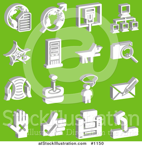 Vector Illustration of White Letter and Globe, Arrow and Globe, Connection, Network, Dog, File, Letter, Joystick, Messenger, and Hand Icons over a Green Background