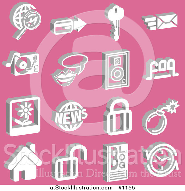 Vector Illustration of White Magnifying Glass and Globe, Credit Card, Key, Email, Record Player, Messenger, Speakers, Faq, Polaroid Picture, News, Padlocks, Bomb, Home, Blog and Clock Icons over a Pink Background