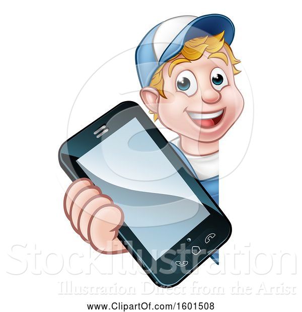 Vector Illustration of White Male Handyman Holding out a Smart Phone Around a Sign