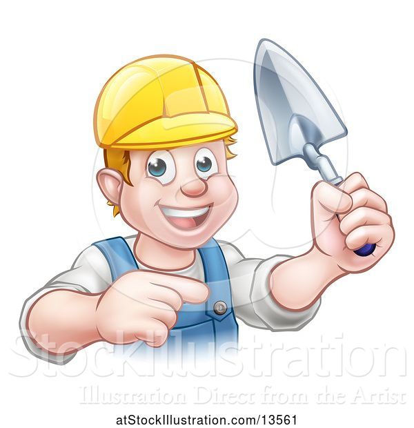 Vector Illustration of White Male Mason Worker Holding a Trowel and Pointing