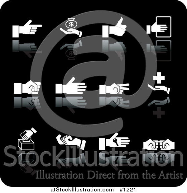 Vector Illustration of White Pointing, Money, Thumbs Up, Fist, Medical, Voting, Key and Other Hand Gestures on a Black Background