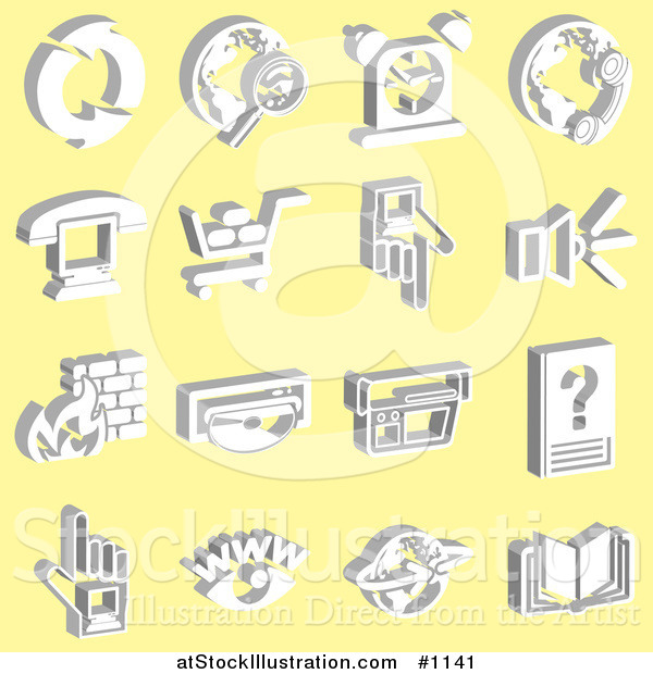 Vector Illustration of White Refresh Arrows, Magnifying Glass and Globe, Alarm, Phone and Globe, Phone and Computer, Shopping Cart, Pointing, Speakers, Fire, Cd, Camera, Eye, and Book, over Yellow Background