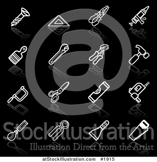 Vector Illustration of White Tool Application Icons with Reflections on Black