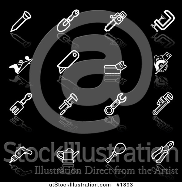 Vector Illustration of White Tool Application Icons with Reflections over Black