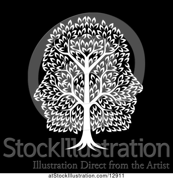 Vector Illustration of White Tree with Profiled Faces in the Canopy, on Black