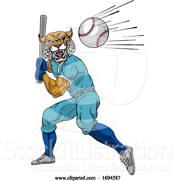 Vector Illustration of Wildcat Baseball Player Mascot Swinging Bat
