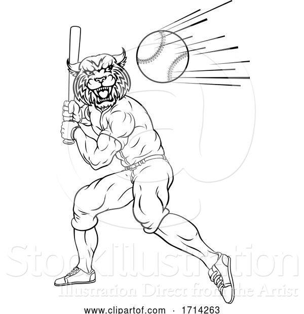 Vector Illustration of Wildcat Baseball Player Mascot Swinging Bat