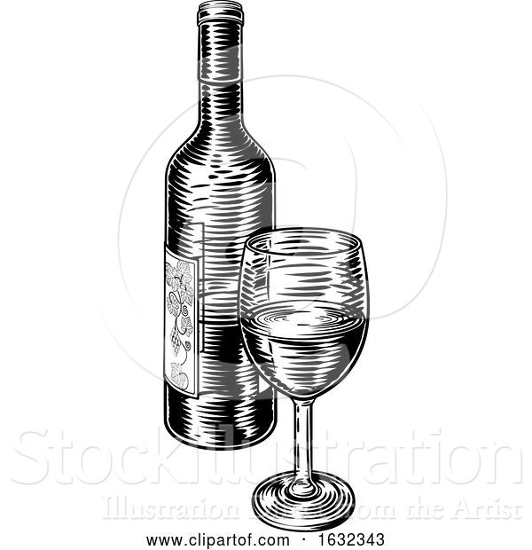 Vector Illustration of Wine Bottle and Glass Vintage Woodcut Engraving