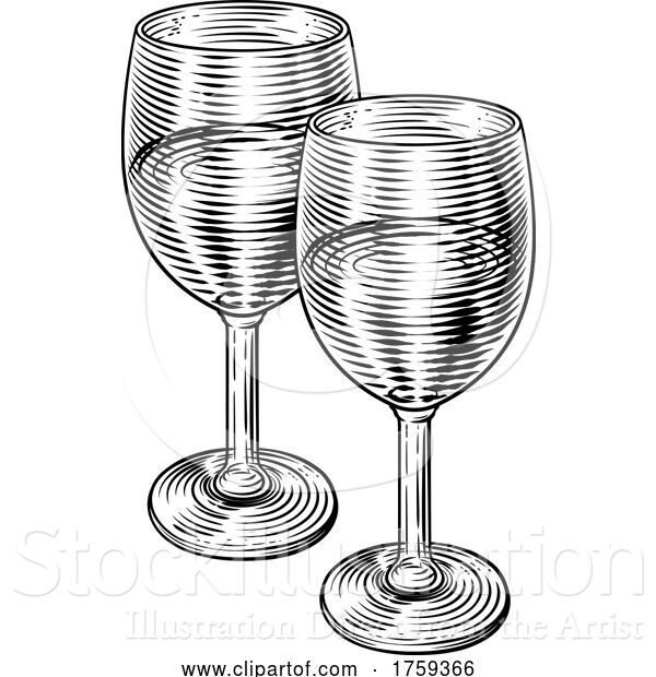 Vector Illustration of Wine Glasses Vintage Etching Woodcut