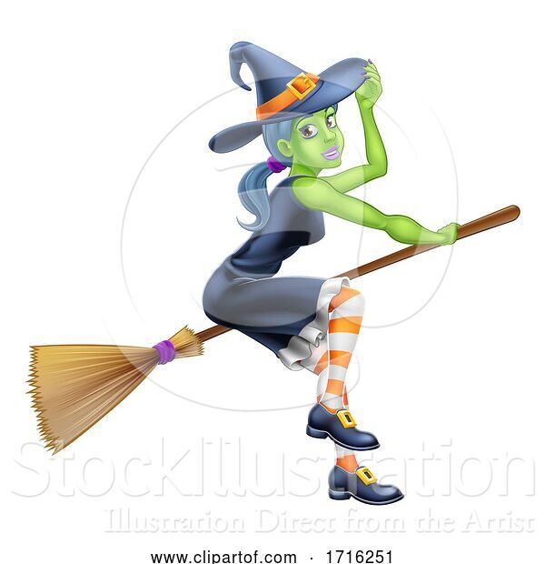 Vector Illustration of Witch Halloween Character on a Broomstick