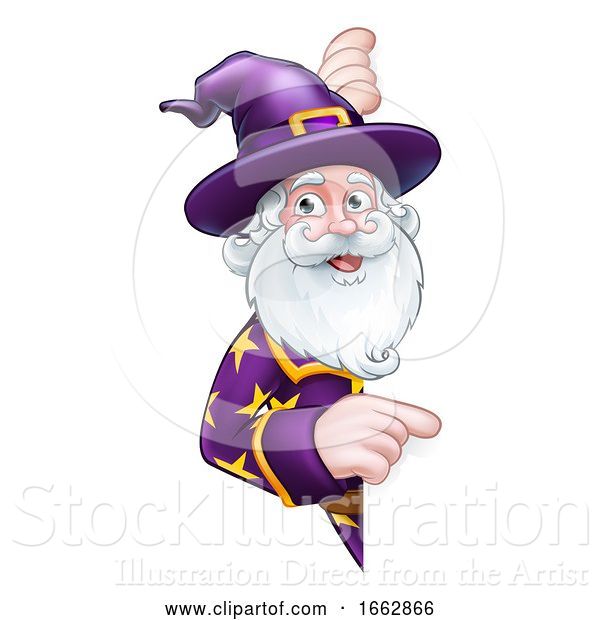 Vector Illustration of Wizard Peeking Round Sign Pointing