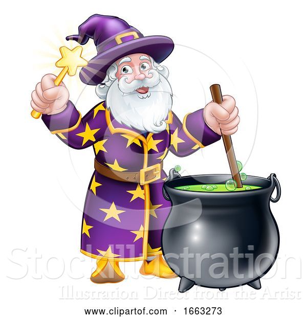 Vector Illustration of Wizard with Wand and Cauldron