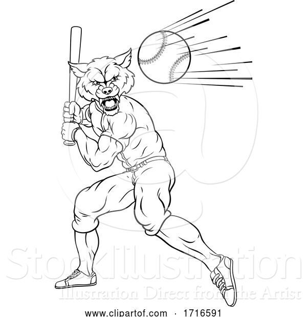 Vector Illustration of Wolf Baseball Player Mascot Swinging Bat at Ball