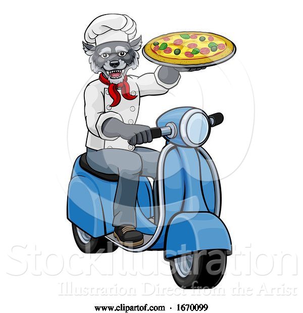 Vector Illustration of Wolf Chef Pizza Restaurant Delivery Scooter