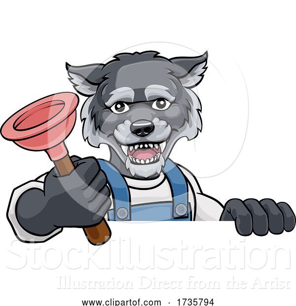Vector Illustration of Wolf Plumber Mascot Holding Plunger
