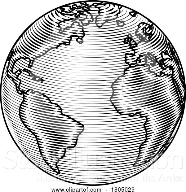 Vector Illustration of World Globe Earth Global Map Woodcut Planet