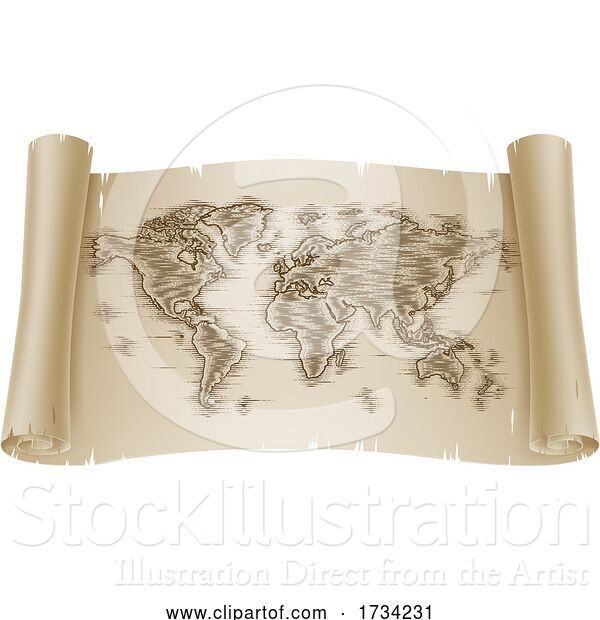 Vector Illustration of World Map Drawing Old Woodcut Engraved Scroll