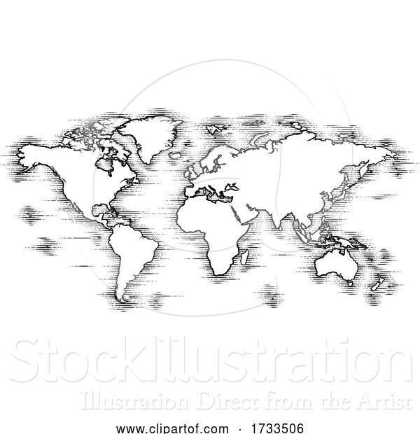 Vector Illustration of World Map Drawing Old Woodcut Engraved Style