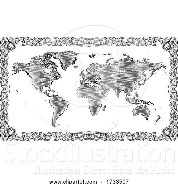 Vector Illustration of World Map Drawing Old Woodcut Engraved Style