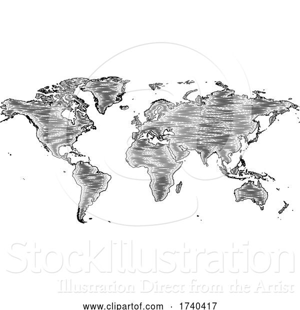 Vector Illustration of World Map Drawing Old Woodcut Engraved Style